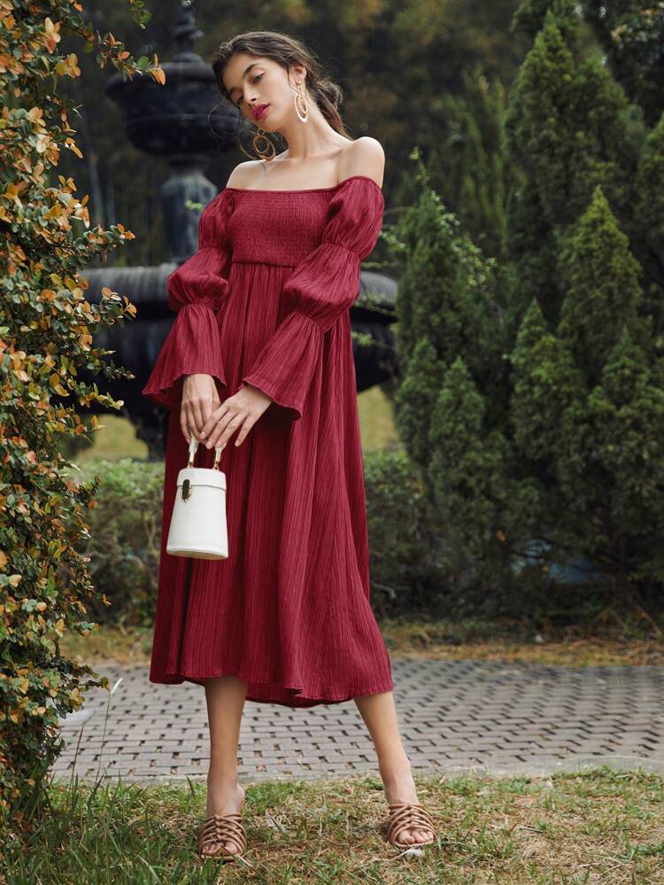Burgundy Red Women's Off Shoulder Dress With Lotus Leaf Sleeves