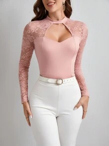 SHEIN Clasi قمة بأكمام طويلة وتفاصيل دانتيل، فارغة من الداخل للنساء - وردي مغبر - مشاهدة 3