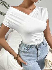 Firerie 女士純色不對稱領巾包裝t恤 - 白色 - 查看 5