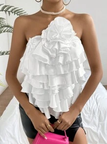 SHEIN Privé 女性3d花裝飾分層荷葉邊無肩帶上衣 - 米色 - 查看 3