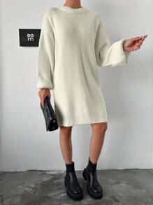 EURMUSE Drop Shoulder Ribbed Knit Sweater Dress - White - View 5