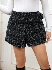 Calvaya Plus Size Plaid Wrap Tie Shorts - Black - View 1