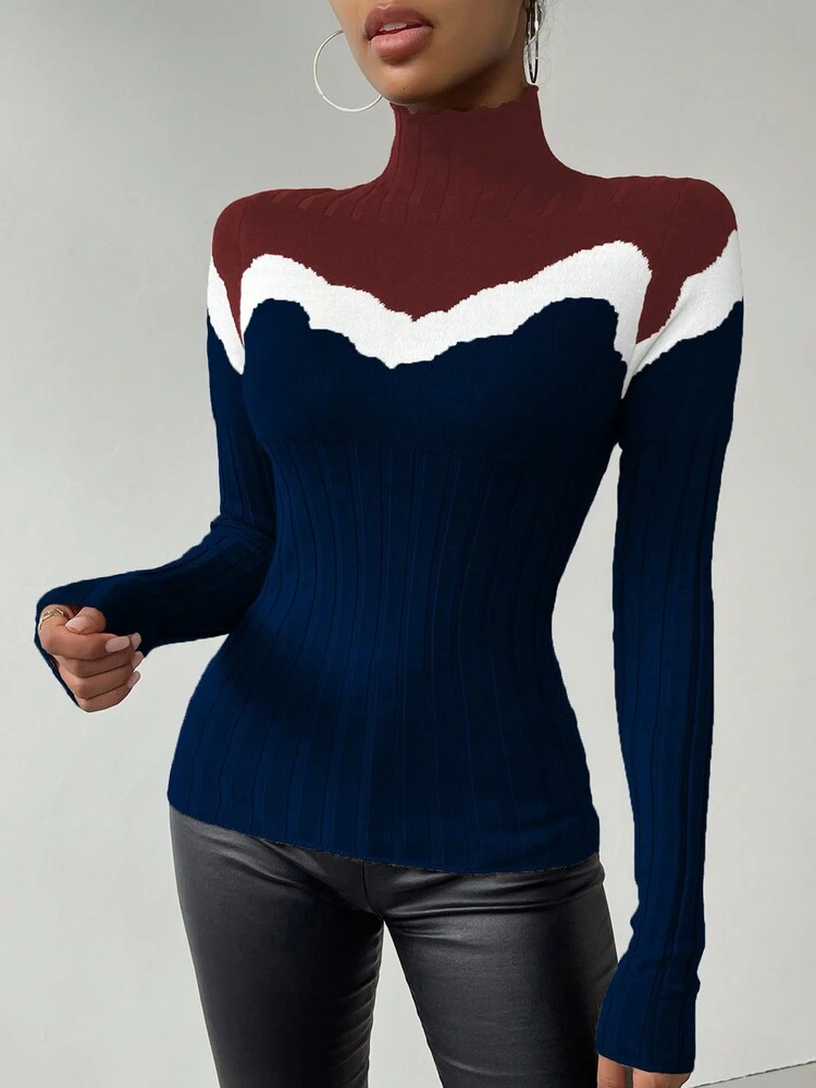 Women's Color Block Turtleneck Knit Pullover Fall Winter Sweater