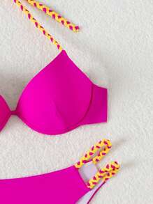 SHEIN Swim Bộ đồ bơi nâng ngực cho nữ kèm vòng thép Lễ hội âm nhạc mùa hè - Màu Hồng Tươi - Xem 4