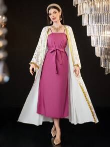 Al Najma Women's Belted Cami Dress And Long Sleeve Coat Set 2 Pieces Set - Multicolor - View 3
