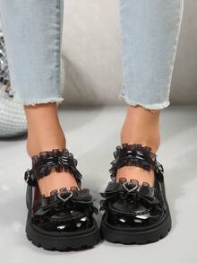 2024新款黑色瑪莉珍風格鞋子,蝴蝶結和厚底,萬用款式 - 黑色 - 查看 4