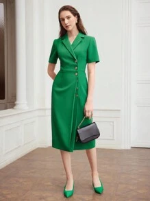 MOTF PREMIUM WOVEN SOLID COLOR WOMEN'S DRESS WITH POINTED LAPEL AND BUTTON - Green - View 5