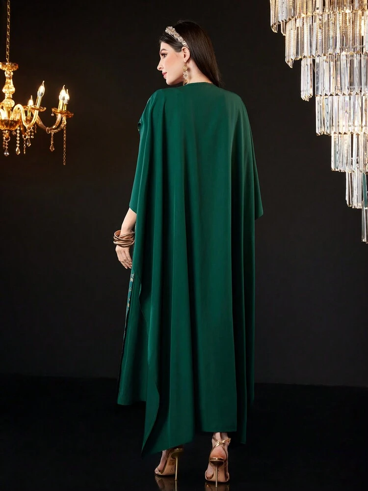 Loose-Fit Turkish Style Set With V-Neck And Gold Foil Print Kaftan Dress, Elegant Luxury Evening Party Style