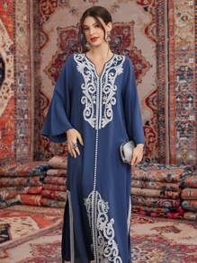 Al Najma Women's Patchwork Embroidery Dress With Notched Collar Kaftan Jalabiya Dress - Blue - View 3