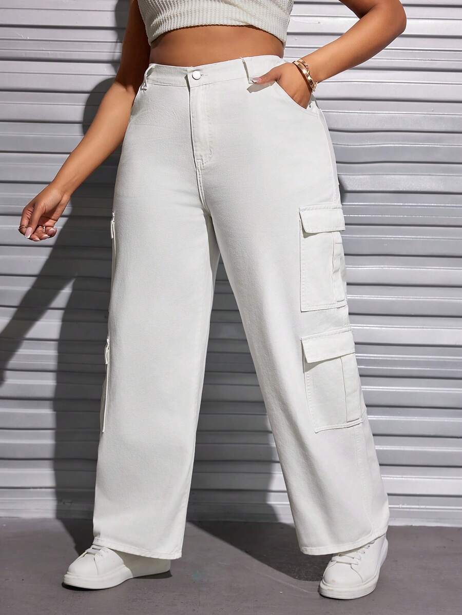 Kích thước lớn Của phụ nữ Cargo Đã bỏ túi Quần denim - trắng - Xem 1