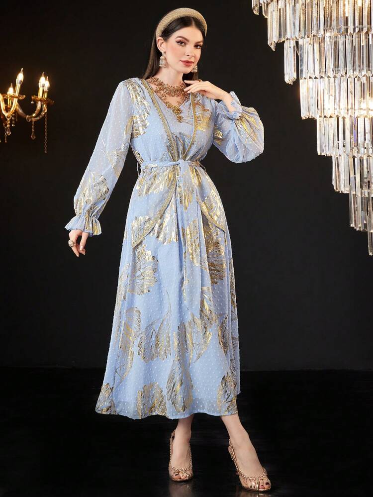 Women'S Long Sleeve Dress With Foiled Botanical Pattern Long Evening Dresses Fall Cloth For Women