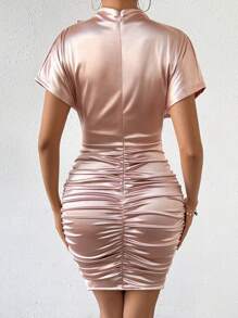 SHEIN Unity Women Dresses Diikat Ruched Zip Plain Anggun - Baby Pink - View 3