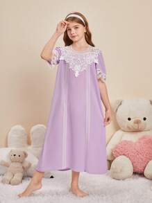SHEIN Abito Da Notte Lungo Con Maniche Corte A Maglia Per Adolescenti Ragazze, Per Casa - Viola malva - Visualizzare 4
