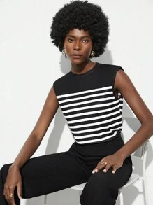 Maija Women'S Striped Patchwork Loose Fit Casual Tank Top - Black and White - View 5