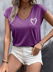 EMERY ROSE Summer Outfits Heart Print Batwing Sleeve Tee - Purple - View 3