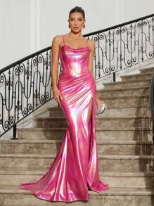 SHEIN Belle Vestido De Noche De Fiesta De Promoción De Correa De Espagueti Dividido Con Corte Láser Para Mujer - Multicolor - Ver 7