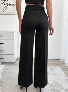 EURMUSE Plus Size Belt Detailed Elegant Solid Color Pant - Black - View 2