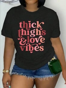 SHEIN 大码女式标语印花短袖 T 恤、Love Vibes 图案 T 恤、夏季上衣 - 黑色 - 查看 1