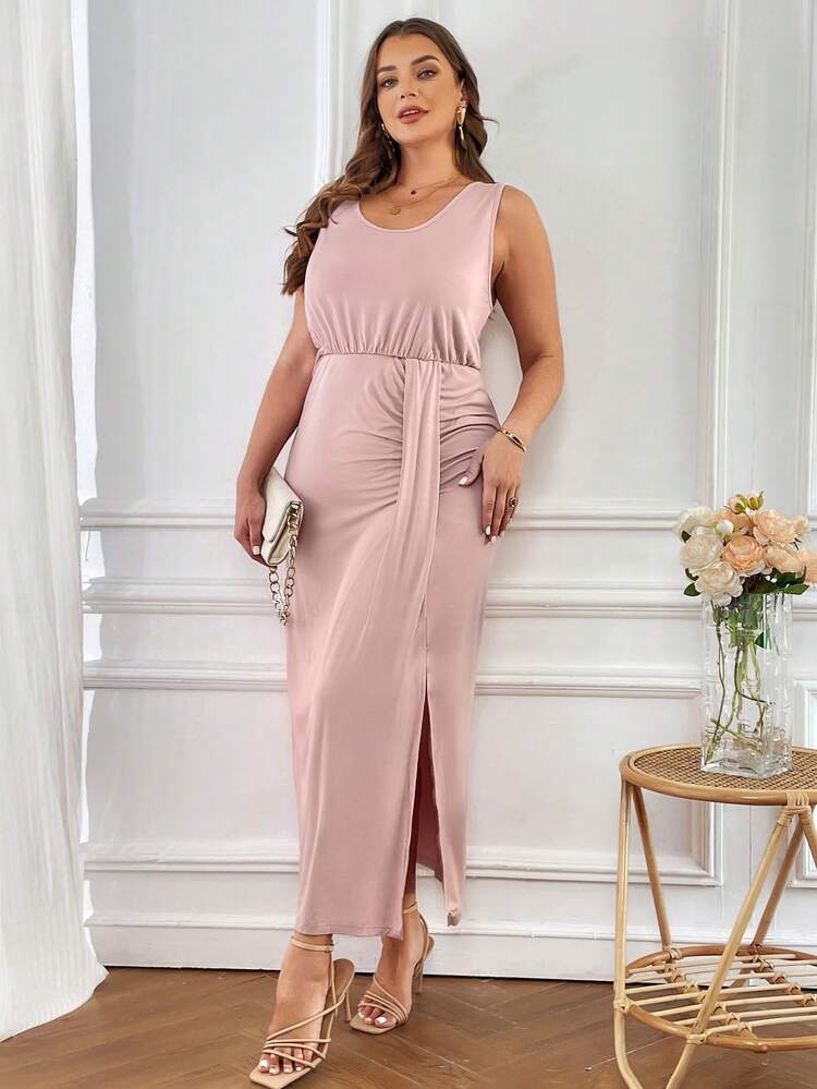 Women's Plus Size Round Neck Slit Ruched Dress, Wedding Guest Dress