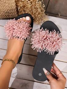 流苏花朵女士凉拖鞋，露趾圆头轻便平底鞋，休闲弹力轻便女士沙滩鞋，女士百搭凉拖鞋 - 粉色 - 查看 2