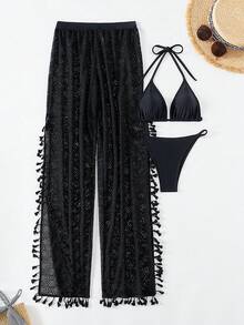 SHEIN Swim 純色三角杯比基尼套裝+流蘇裝飾游泳褲 - 黑色 - 查看 3