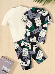 SHEIN 3pcs/Set Tween Boy Snug Fit Casual Coolkids Street Style Video Game Print Round Neck T-Shirt, Solid Color T-Shirt And Printed Shorts, Home Service Outfit