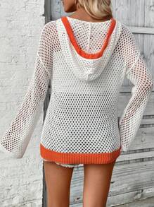 Breezaya Women's Color Block Hollow Out Knitted Hoodie Sweater Fall Winter - White - View 2