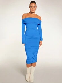 SHEIN BAE Women'S Foldover Off Shoulder Ruched Bodycon Dress - Blue - View 4