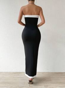 RosyDaze Women'S Colorblock Ruffle Hem Strapless Mermaid Dress Maxi Women Outfit - Black - View 2