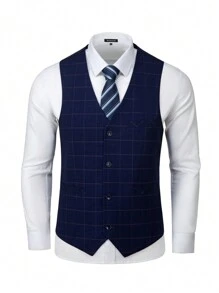 Furuyal 1set Men's Single Breasted Check Suit Jacket, Single Breasted Vest And Suit Pants, 3pcs Set - Navy Blue - View 4