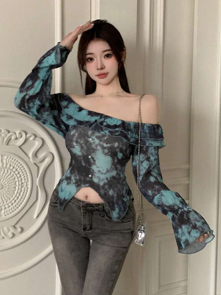 Women's Full-Body Floral Print Off-Shoulder Ruffle Hem Long Sleeve Blouse,Off Shoulder Top
