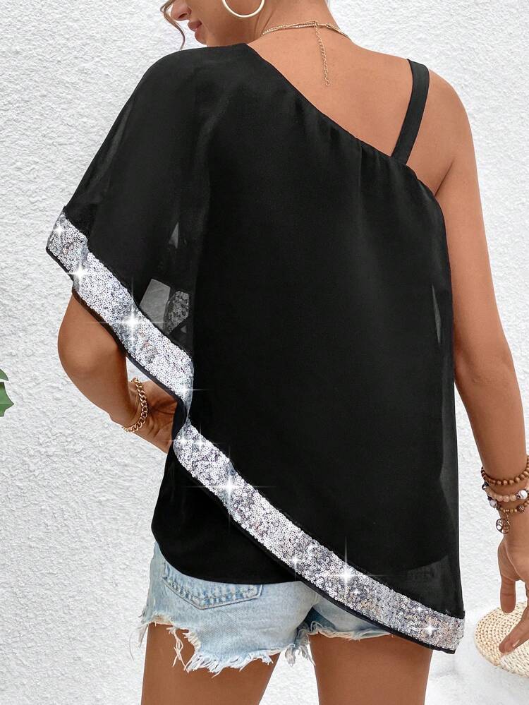 Women's Sparkly Patchwork Asymmetrical Collar Shirt