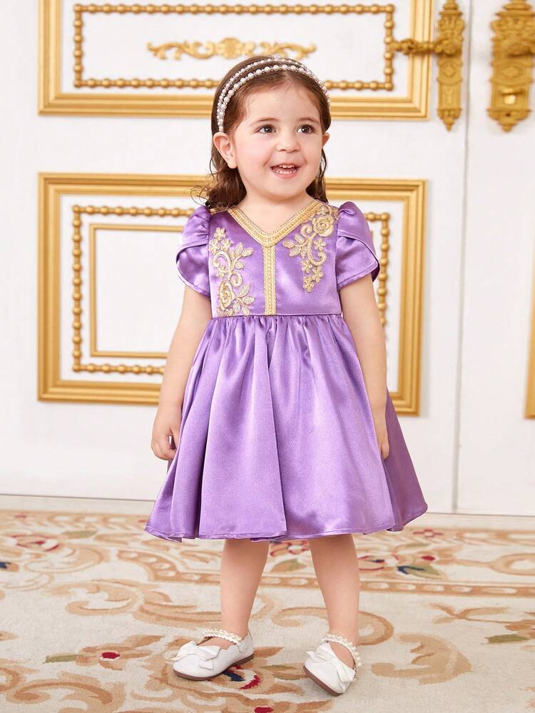 Baby Girl Gorgeous Purple Floral Pattern Short Sleeve Dress