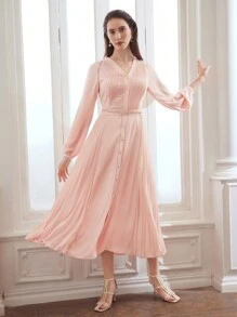 MOTF PREMIUM WOMEN'S WEAVE SOLID COLOR SPLICED PLEATED DRESS,SUMMER OUTFITS - Pink - View 9