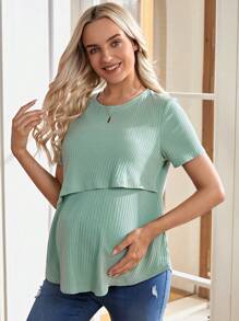 SHEIN Maternity Nursing Solid Color Ribbed Casual T-Shirt World Cup - Mint Green - View 8