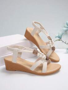 女士舒適楔形跟厚底涼鞋。珍珠裝飾和復古拉鍊防滑拖鞋 - 米色 - 查看 5