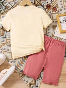 SHEIN 中小學女生休閒字母印花短袖t恤和短褲套裝