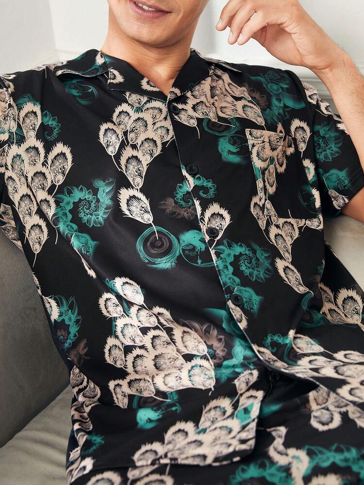 Men's Black Fashionable Printed Shirt Collar Short Sleeve + Shorts Homewear