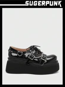 Sugerpunk Rock Phong cách Màu bạc Chuỗi Gothic Thời trang Dày Đế Giày dép - màu đen - Xem 1