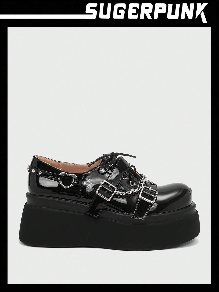 Sugerpunk Rock Phong cách Màu bạc Chuỗi Gothic Thời trang Dày Đế Giày dép - màu đen - Xem 1