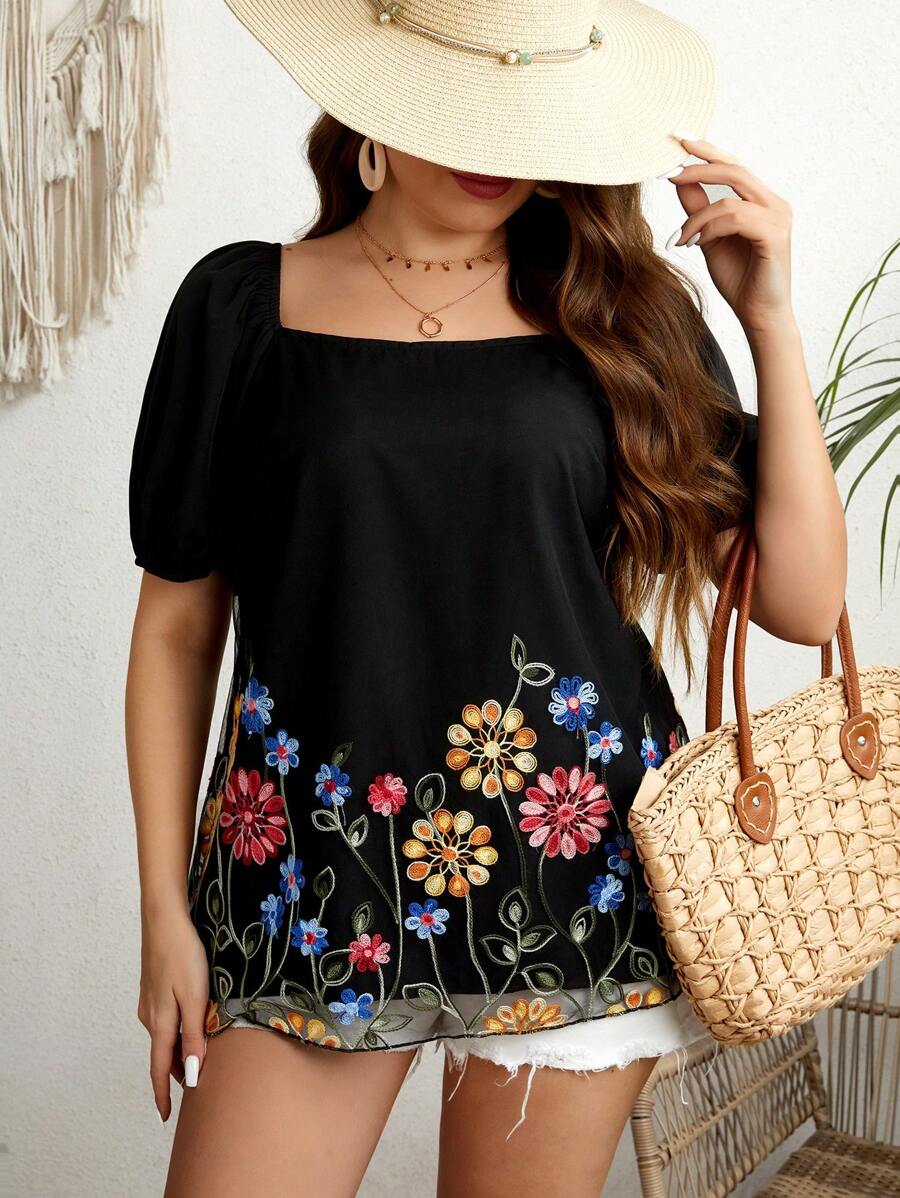 Breezaya Haut À Manches Bouffantes Grande Taille Pour Femmes Avec Broderie Florale - Multicolore - Voir 1