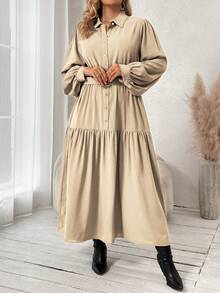 SHEIN Franclia 大尺碼女裝燈籠袖襯衫連衣裙 - 杏色 - 查看 4