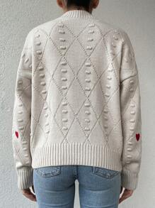 EURMUSE Women's Love Heart Embroidery Stand Collar Sweater - Beige - View 2