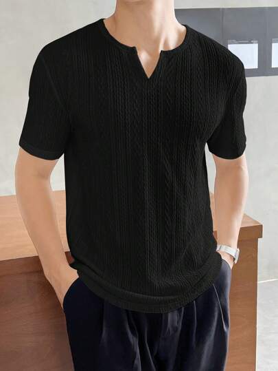 SWAVVY 男士纯色休闲纹理缺口领口T恤，夏季