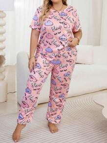 Slumberry CURVE Women's Plus Size Pink Round Neck Cloud Print Pajama Set - Multicolor - View 3