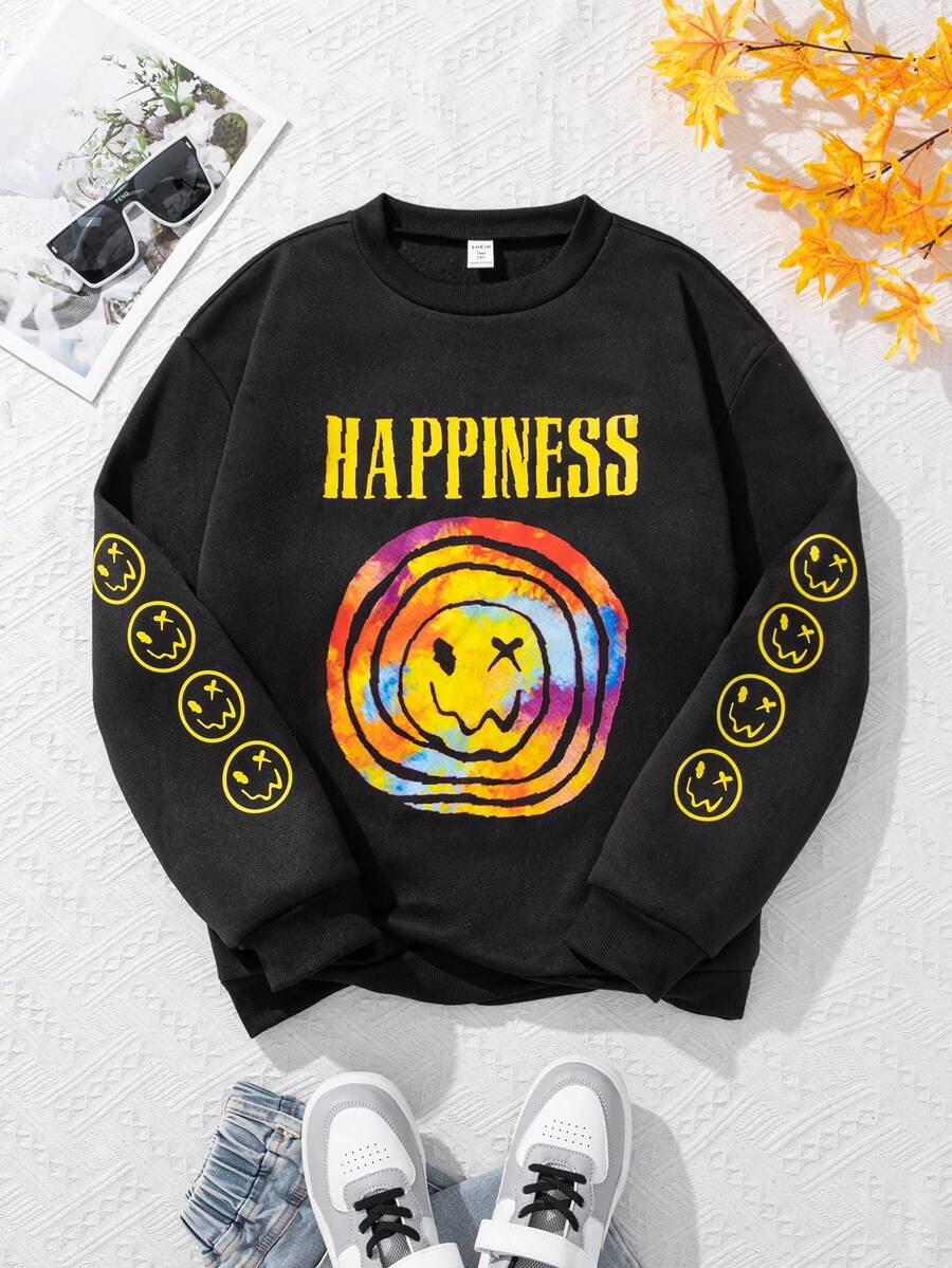 Áo nỉ lót nhiệt cho bé gái tuổi teen có biểu cảm và in chữ - màu đen - Xem 1