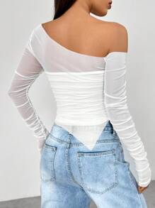 Flirla Camiseta Informal Con Escote Asimétrico Y Empalme De Malla Para Mujer - Blanco - Ver 3