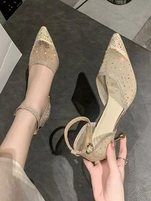 New Spring/Summer 2024 Elegant Pointed Toe Mesh Diamond Stilettos With Ankle Strap For Women, Breathable - Rose Gold - View 6