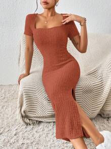 SHEIN Frenchy 女式方领修身高开叉方领纹理面料夏季连衣裙