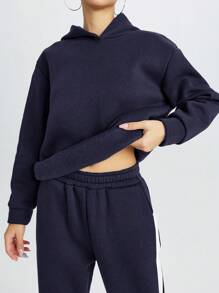 RueChic Letter Print Hooded Sweatshirt And Sweatpants Set - Navy Blue - View 6